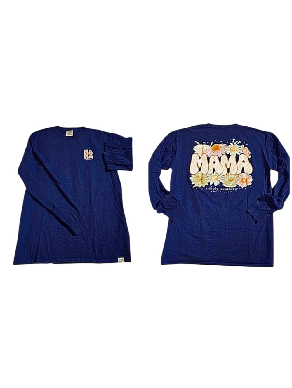 Simply Southern Cotton Mama Tee Floral Graphic Long Sleeve Women's Large Navy